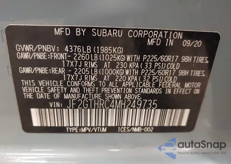 2021 Subaru Crosstrek Sport z USA, uszkodzony, nr VIN JF2GTHRC4MH249735